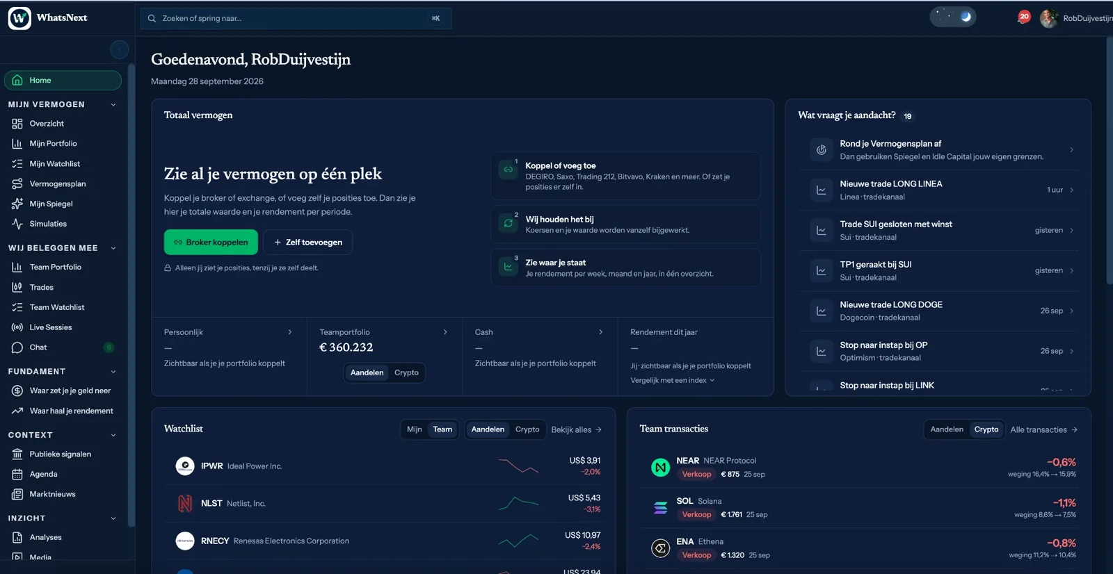 Het Vermogensbeeld dashboard: totaal vermogen, waar je geld aan hangt, watchlist en teamtransacties in één beeld