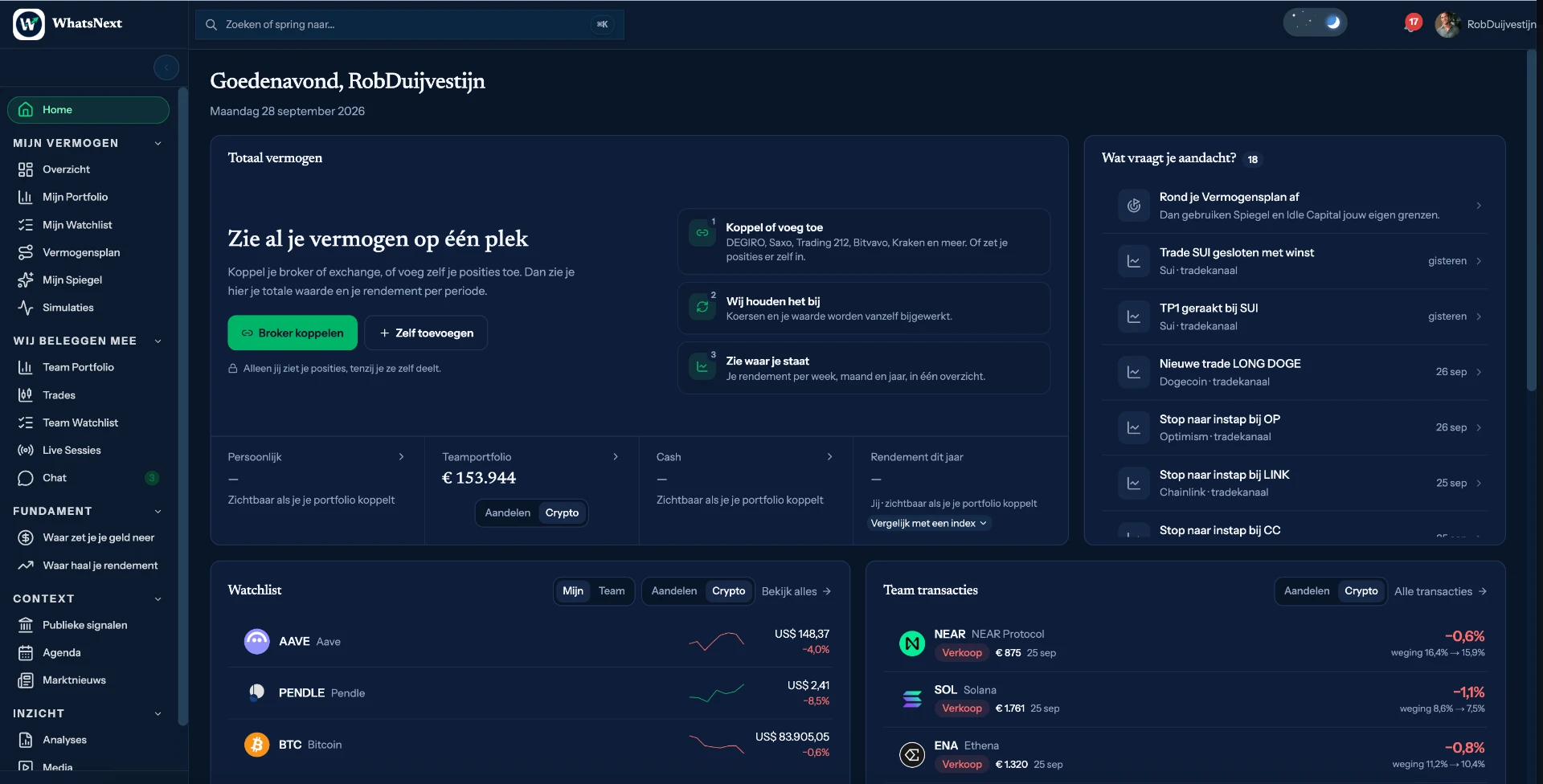 De startpagina van het WhatsNext-platform met vermogen, watchlist, teamtransacties en signalen