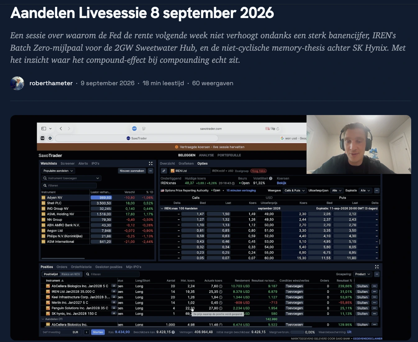 Uitsnede van een analyse en live sessie binnen WhatsNext